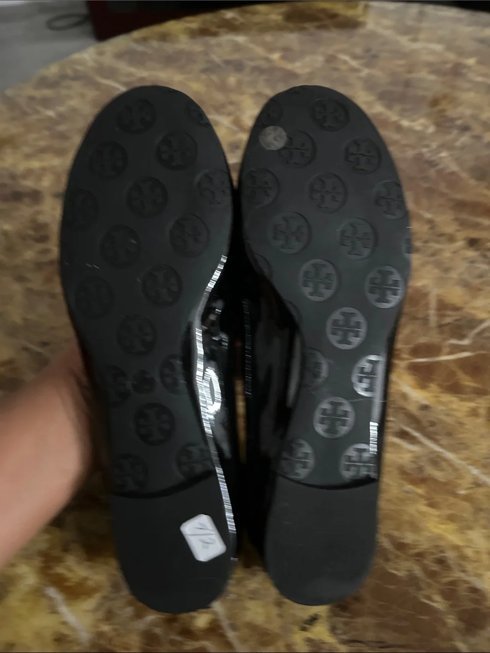 Tory Burch Black Patent Leather Logo Ballet Flats with Silver Emblem, size 7.5
